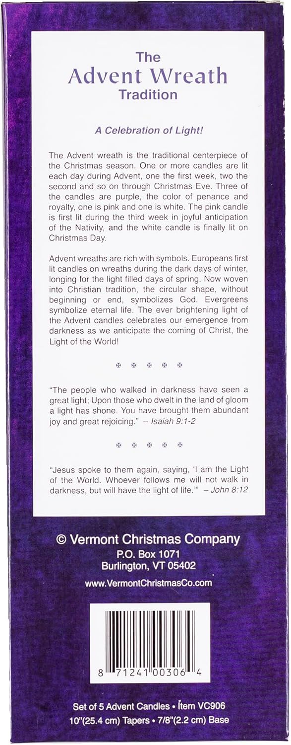 Vermont Christmas Company Advent Candles Set - 10" Wax Taper Candles in Purple, Pink & White | 5-Pack