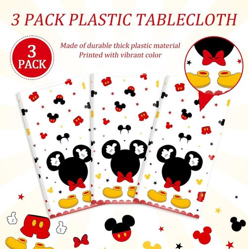 Tewess 3pcs Mouse Birthday Tablecloth Red Mouse Head Cartoon Plastic Table Cover Disposable Table Party Decoration for Boys