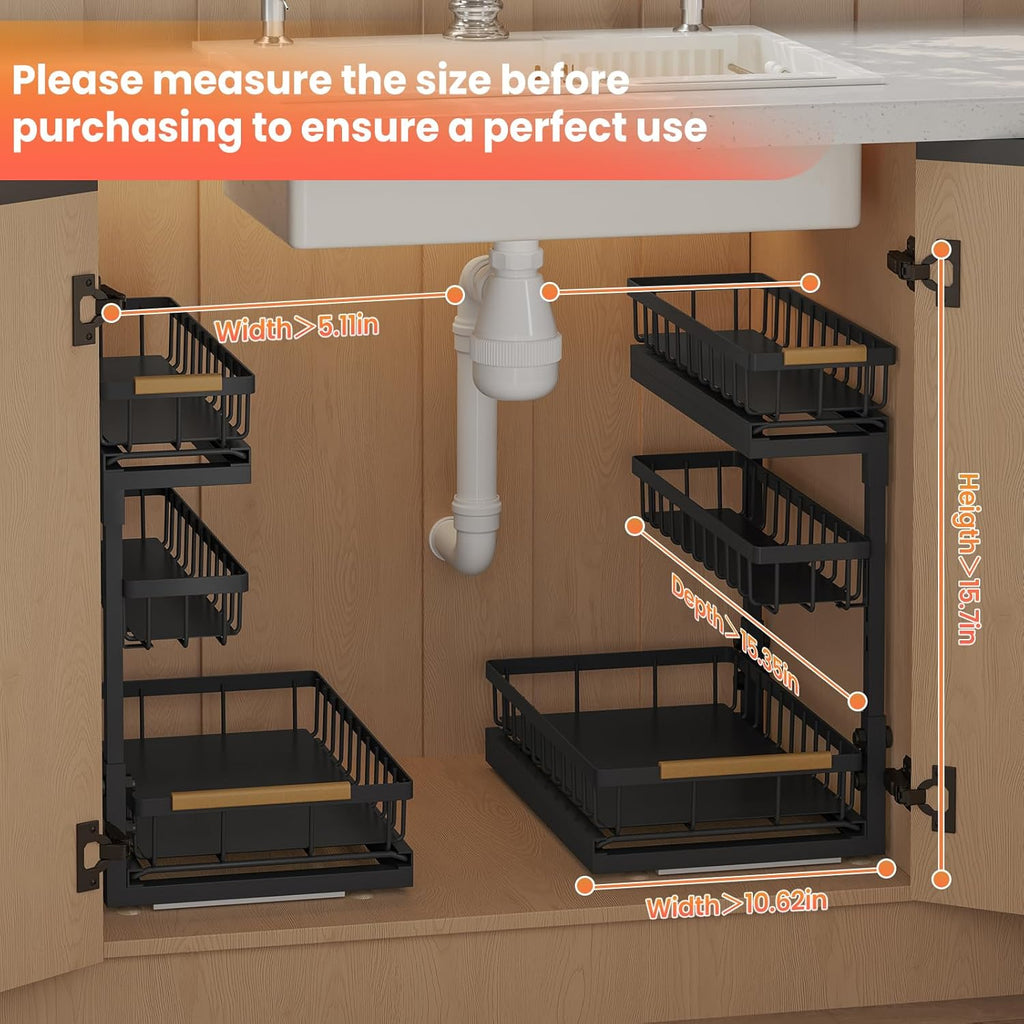 Under Sink Organizer - 3 Tier Pull Out Shelf Storage for Bathroom & Kitchen | 2 Pack Slide Out Drawers