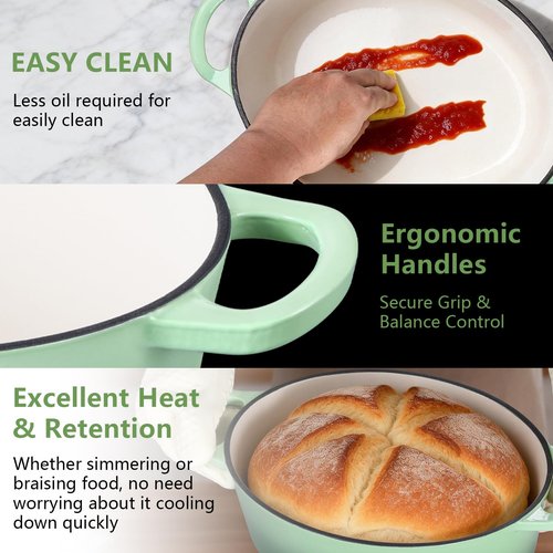 P&P CHEF Oval Dutch Oven with Lid, Enameled Cast Dutch Oven Pot for Bread Baking, Braising, Stewing, Roasting, Non-Stick & Oven Safe, Dual Handles & Easy Clean, 5QT & Pistachio Green, Valentine's Day