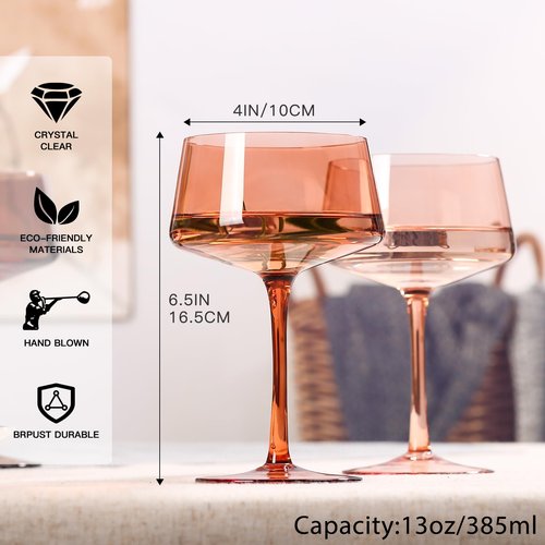 comfit Brown Coupe glasses Set of 6-13 oz Large Capacity Martini Glassware - Amber Colored Cocktail Glasses- 【Hand-Blown】 Colored Champagne Glass-Valentine's Day,Wedding Gifts