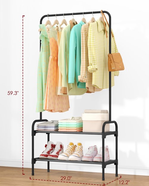 Sakugi Clothes Rack - Clothing Rack with 2-Tier Shoe Rack and Anti-Slip Stopper, Shoe Organizer for Entryway, Bedroom, or Laundry, Black, 29" × 12.2" × 59.3"