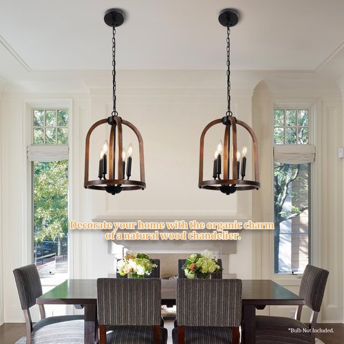 Farmhouse Wood Chandelier, 4-Light Light Fixtures, 12.6” Brown Wood Chandeliers for Dining Room, Hanging Pendant Chandeliers with Candle Style E12 Base for Living Room Kitchen Island Bedroom Foyer