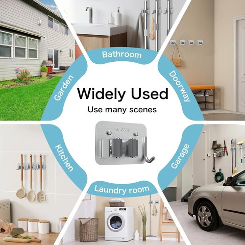Nacena Broom Holder Wall Mount - Heavy-Duty Stainless Steel Mop & Broom Organizer | 4-Pack Silver Hooks