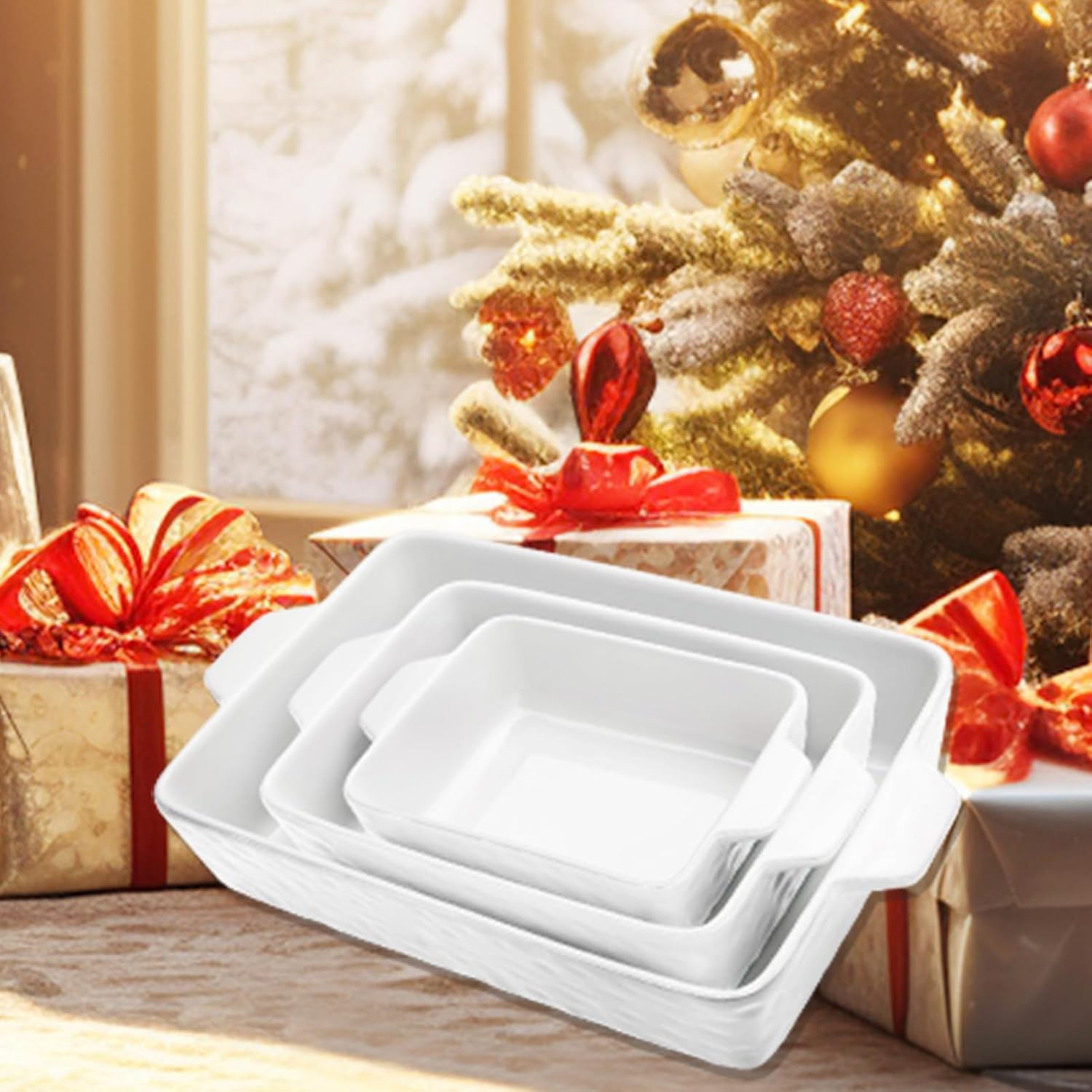 Regine Switzerland Casserole Dishes - Ceramic Baking Pan Set of 3 | Deep Lasagna Dish with Handles (11.6" x 7.8", White)