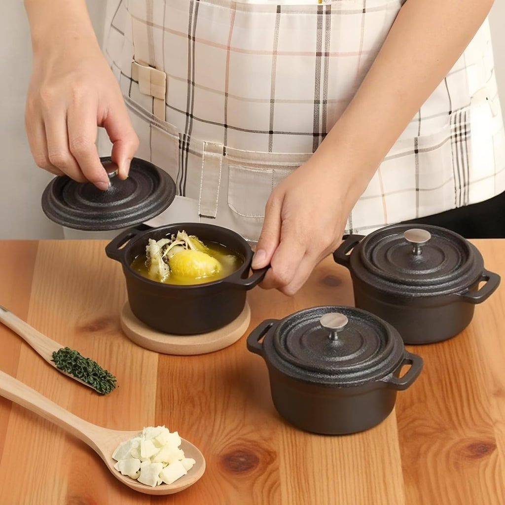 Skiennix Mini Dutch Oven - 6 Pcs Round Cast Iron Cocotte Pot with Lids & Dual Handles | 8 oz Black