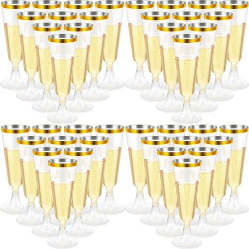 150 Pcs Gold Plastic Champagne Flutes - Clear Disposable Crystal Wine Glasses for Wedding Toasting, Party Cocktail Cups