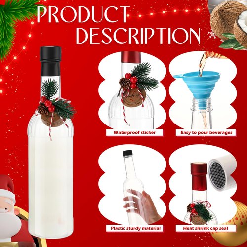 Baderke 24 Pcs 750 ml Christmas Plastic Wine Bottles with Pine Cones Branches Picks 25 oz Christmas Coquito Champagne Bottles Ideal for Homemade Brewing Wine and Storage Xmas Party Supplies