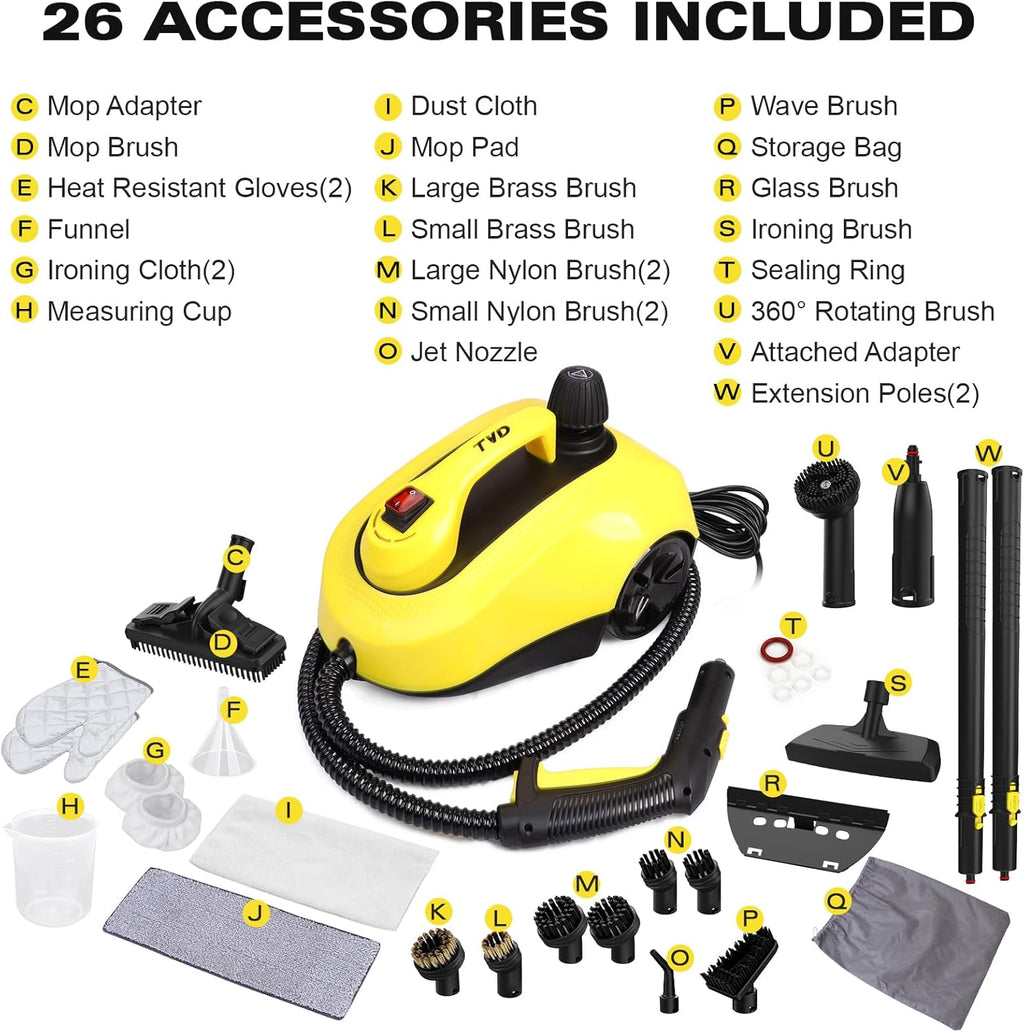 TVD Steam Cleaner - Powerful Home Steamer with 26 Accessories & 5M Extra-Long Power Cord | Versatile for Floors, Tiles & Upholstery