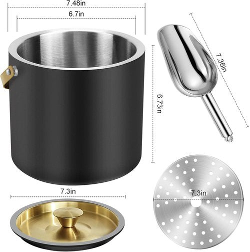 3.2L/3.4QT Modern Insulated Ice Bucket with Silicone Lid, Scoop, Strainer, Double Wall Stainless Steel Ice Bucket for Parties & Cocktail Bar,Ideal for Gift(Black)