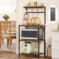 Korfile Kitchen Bakers Rack with Power Outlet, Small Coffee Bar Cart 4 Tiers, Microwave Stand Station with 8 S Hooks, Adjustable Shelf, Freestanding Kitchen Appliance Organizer, Rustic Brown