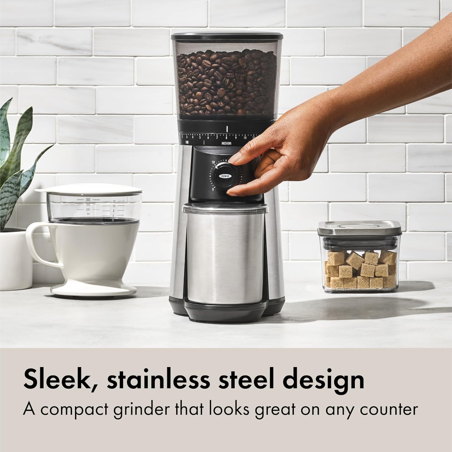 OXO Brew Conical Burr Coffee Grinder - One-Touch Automatic Grind, Silver Stainless Steel Design