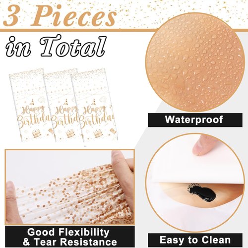 Tudomro 3 Pcs Happy Birthday Tablecloths Happy Birthday Party Decorations Plastic Table Cover Rectangular Cloths for Women Men Baby Shower Party Supplies, 108 x 54 Inch (Champagne)
