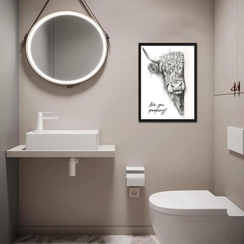 Highland Cow Art | Funny Black and White Bathroom Wall Decor - Rustic 12x16 Inch Framed Canvas Print