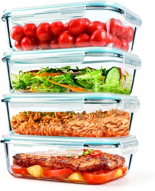 GEHE Large Glass Food Storage Containers - 52 oz Airtight Meal Prep Set with Lids | Microwave & Dishwasher Safe