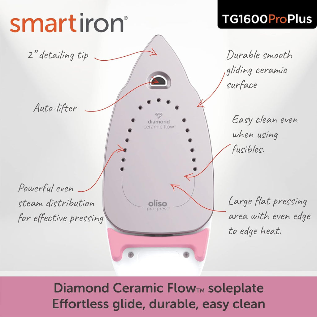 Oliso TG1600 ProPlus Smart Iron - 1800 Watt Steam Iron with Auto-Lift & Diamond Ceramic-Flow Soleplate | Rosé