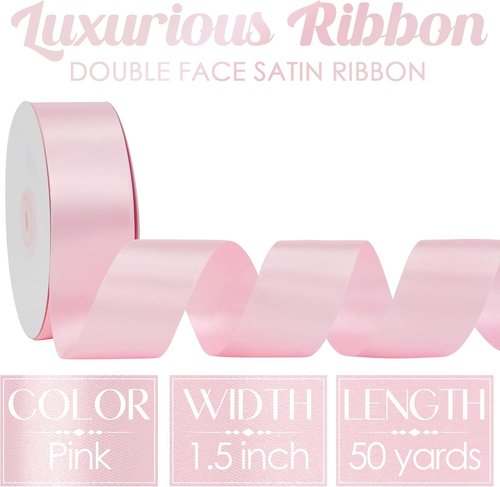 MEEDEE Pink Satin Ribbon - Luxurious Double-Faced 1.5-Inch Ribbon | 50 Yards for Crafts & Weddings