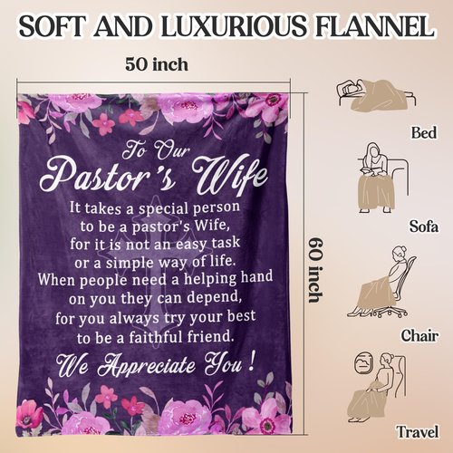 Pastor's Wife Appreciation Gifts, Thank You Gift Throw Blanket, Religious,Christian,Birthday,Christmas,Appreciation Day Presents for Pastor Wife, for Bed Soft 60"x 50"