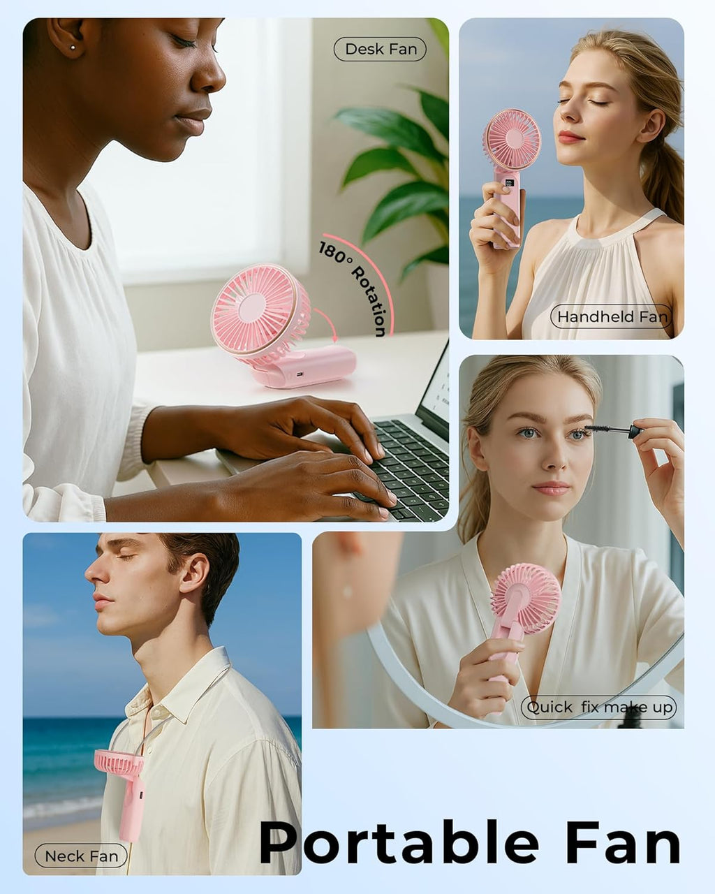 TUNISE Portable Handheld Fan - USB Rechargeable, 4000mAh Battery, 6 Speed Settings, 180° Adjustable