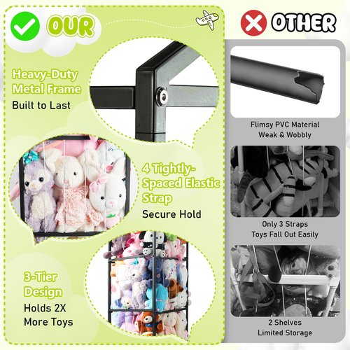NomNest Stuffed Animal Storage Plushies Storage, Toy Storage Organizer Giant Stuffed Animal Zoo Holder, Sturdy Metal Toy Shelf Teddy Bear Storage Bedroom Organization ( Wheeled, Black)