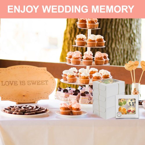 OAMCEG 50 PCS White Cupcake Boxes with Window, 6x6x3 Inch Cookie Boxes, Bakery Containers for Pastry, Dessert, Chocolate Strawberries, Treat Boxes with Stickers & Jute Twine