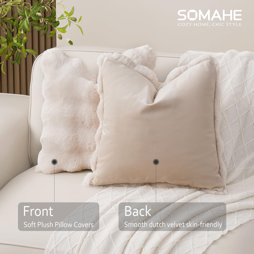 SOMAHE Set of 2 Throw Pillow Covers 18x18 Decorative Pillow Covers for Couch Faux Fur Soft Cozy Pillowcase Sofa Fluffy Plush Pillow Cases Cream White