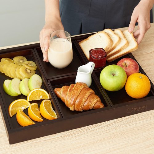 Koppen Acacia Wood Serving Tray with Handles – 6-Compartment Decorative Organizer for Snacks, Ottoman, Coffee Table Decor, Breakfast, Charcuterie, Kitchen Counter or Food Display