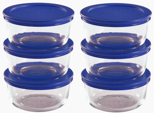 Pyrex 7200 2-Cup Glass Bowl & 7200-PC Cadet Blue Lid (6-Pack) - Made in USA