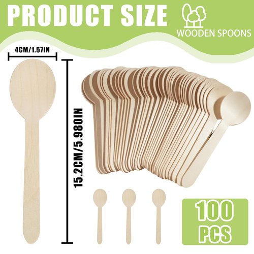 VIVAVENTURE Disposable Wooden Spoons Wood Soup Spoons, 6" Wooden Cutlery Spoon 100 Count Disposable Spoons Compostable Utensils for Hot Soup Milk Shake Salad