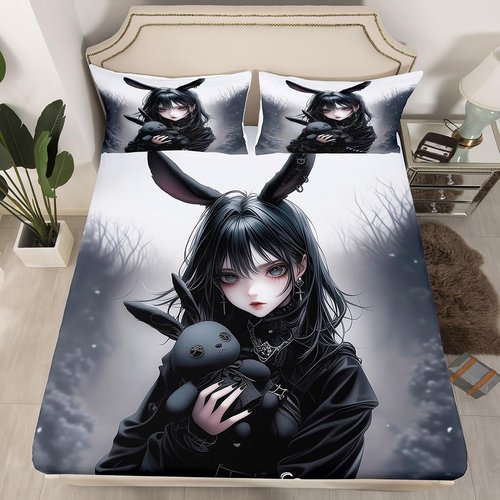 Anime Bed Sheets 3D Japanese Girl Fitted Sheet Twin,Anime Gifts Sheets for Girls,Gothic Cartoon Rabbit Print Bed Set for Room Decor