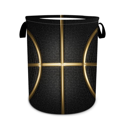 Black and Gold Basketball Laundry Basket, Foldable Waterproof Oxford Cloth Laundry Hamper Funny Tote Bag Dirty Clothes Storage Bucket Toy Organizer for Bathroom/Laundry/Bedroom 15.7"x19.6"