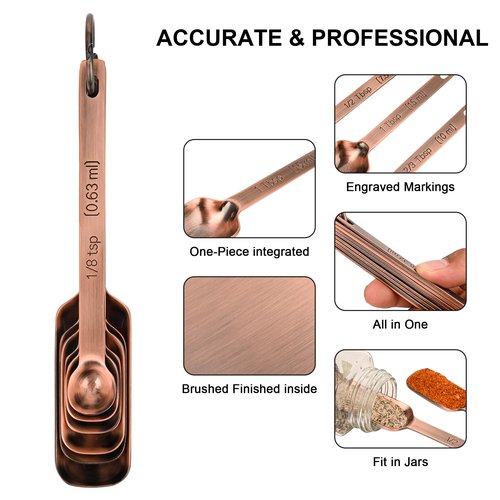 IFFMYJB Copper Measuring Cups and Spoons Set of 18, 7 Measuring Cups, 9 Measuring Spoons, Stainless Steel Measuring Spoons and Cups for Dry & Wet Ingredients During Kitchen & Baking