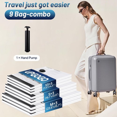 UPGOGO Travel Vacuum Bags for Luggage with Hand Pump,Vacuum Seal Bags for Clothing,Packing Cubes Compression,Cruise Ship and Travel Essentials(Combo 9 Pack)