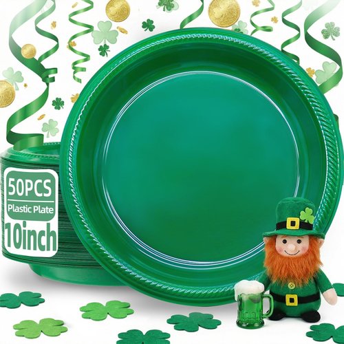 BONSINY Green Plastic Plates Disposable 10 inch | 50 PCS Green Disposable Plates for Party, Picnic, Birthday, BBQ, Graduation, St Patricks Day