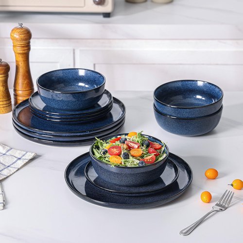 Ceramic Plates and Bowls Sets: 12 Piece Porcelain Dinnerware Sets, Stoneware Kitchen Dishes Set for 4, Scratch Resistant Plate Set, Microwave Dishwasher Oven Safe, Reactive Glaze (Blue)