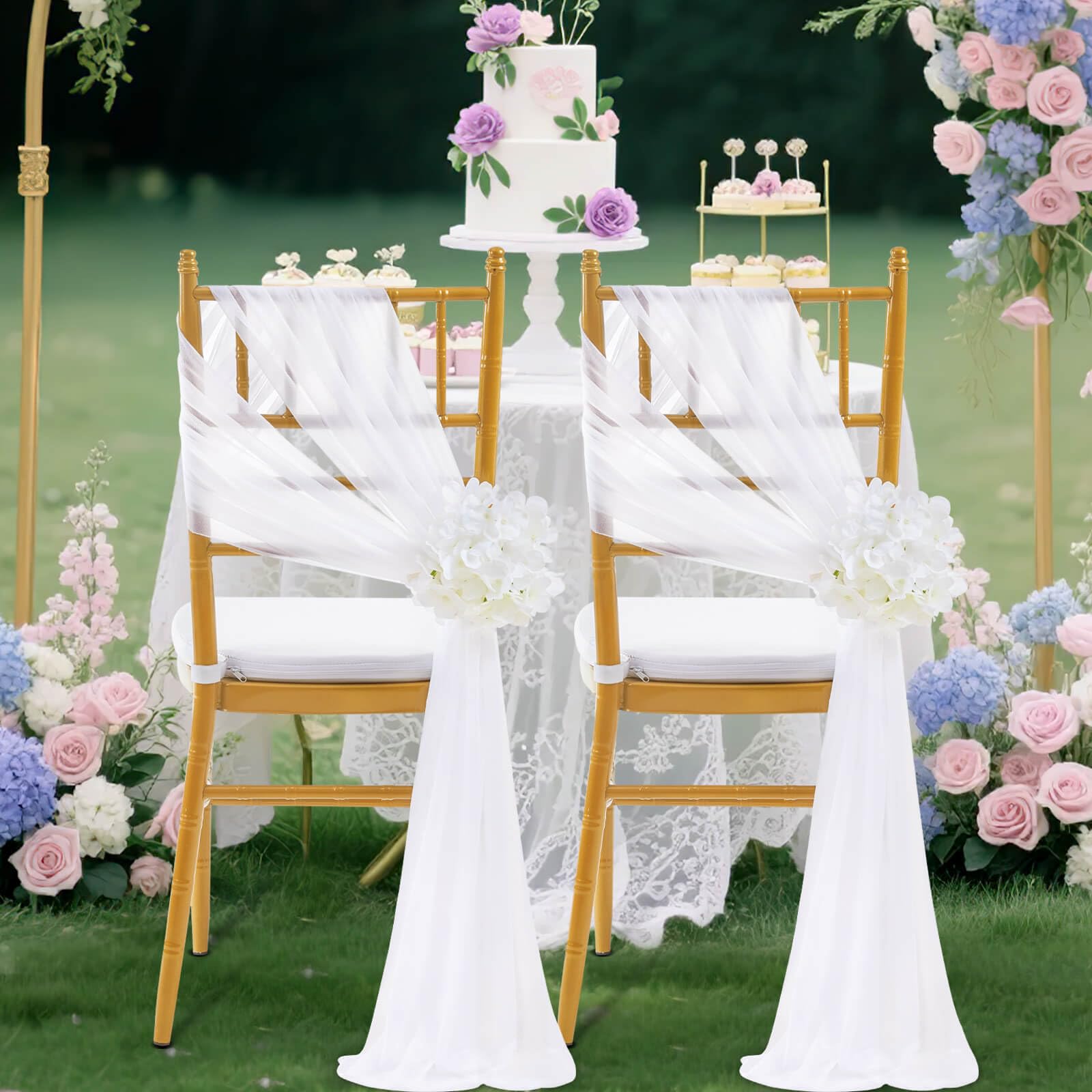 SoarDream White Wedding Chair Sashes, 16 Pack Sheer Tulle with Artificial Hydrangea Accents for Ceremony & Reception Home Chair Decorations