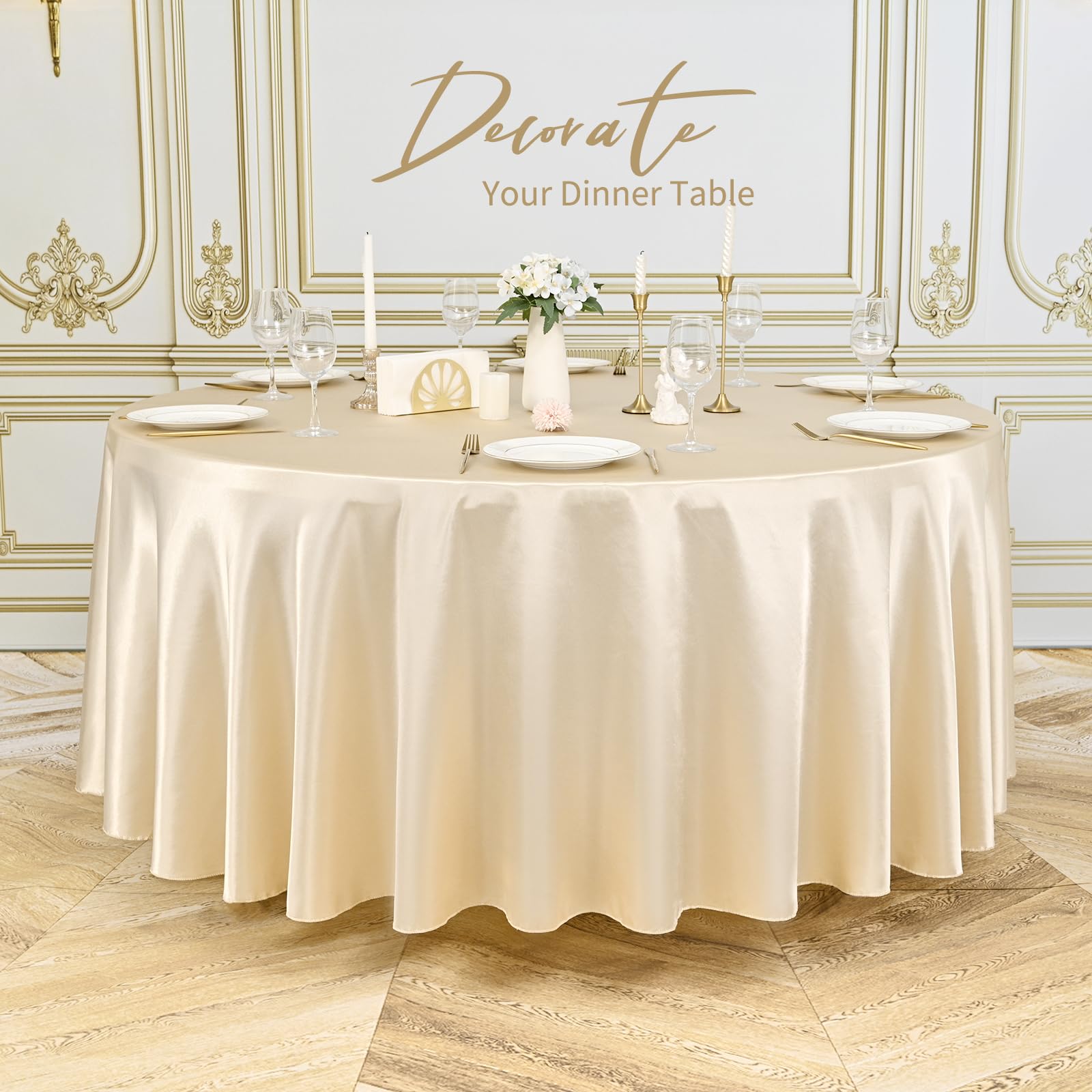 Pesonlook 6 Pack Champagne Round Tablecloth, 120 Inch Satin Fabric Tablecloth for Round Table, Wrinkle Resistant Washable TableCover Bright Silk TableClothes for Wedding Party Dining Table Banquet