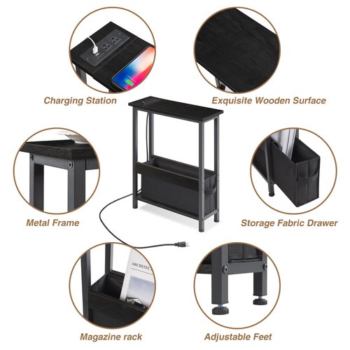 BAMGROW Slim Charging End Table with Storage - for Small Spaces and Bedroom (Black)