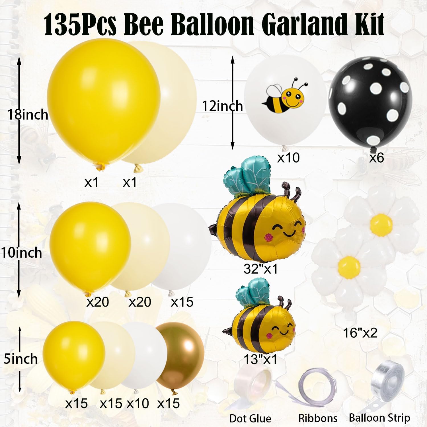 Bumble Bee Balloon Garland Kit - 135 Pcs Yellow, Black & White Arch for Baby Showers & Birthday Parties