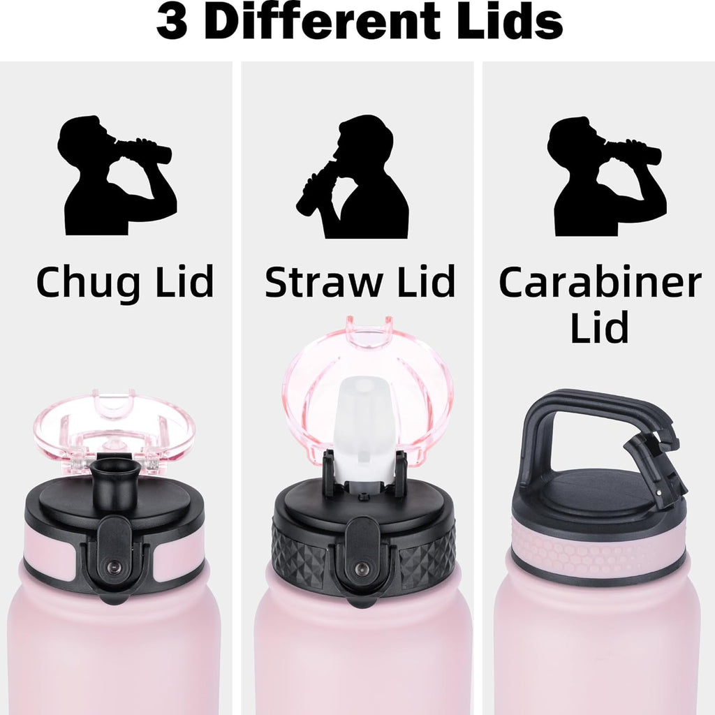 Oldley Insulated Water Bottle - 20oz Stainless Steel with 3 Lids | Double Wall Vacuum for Adults & Kids - Light Pink-Blue