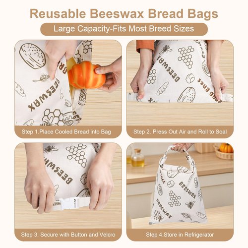 Reusable Beeswax Bread Bags for Homemade Bread with Zipper,Cotton Sourdough Bread Storage Bags,Airtight Freshness Keeper Bakery Essentials (2 Packs)