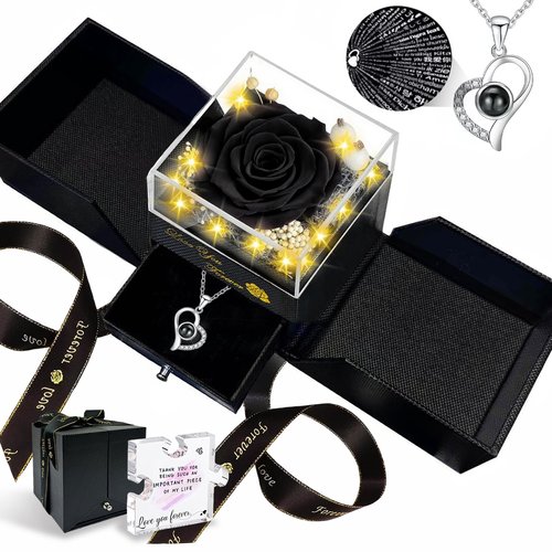 Megapuxin Preserved Real Rose-Eternal Flowers Rose Mothers Day for Mom Women Her Wife Girlfriend on Birthday Valentines with I Love You Necklace 100 Languages Romantic Gift (Black)