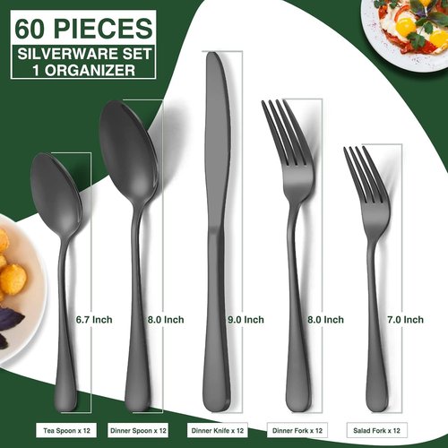 AIVIKI 60-Piece Stainless Steel Silverware Set - Elegant Flatware for 12 with Organizer | Mirror Polished Cutlery
