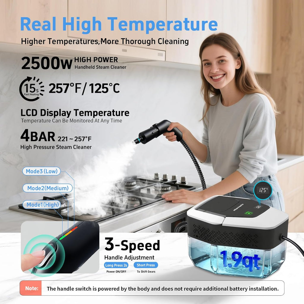 Skiennix Steam Cleaner - High-Temperature 257℉ Handheld Steamer with 3 Adjustable Levels | 1.9 Quart Capacity for Home & Car Cleaning