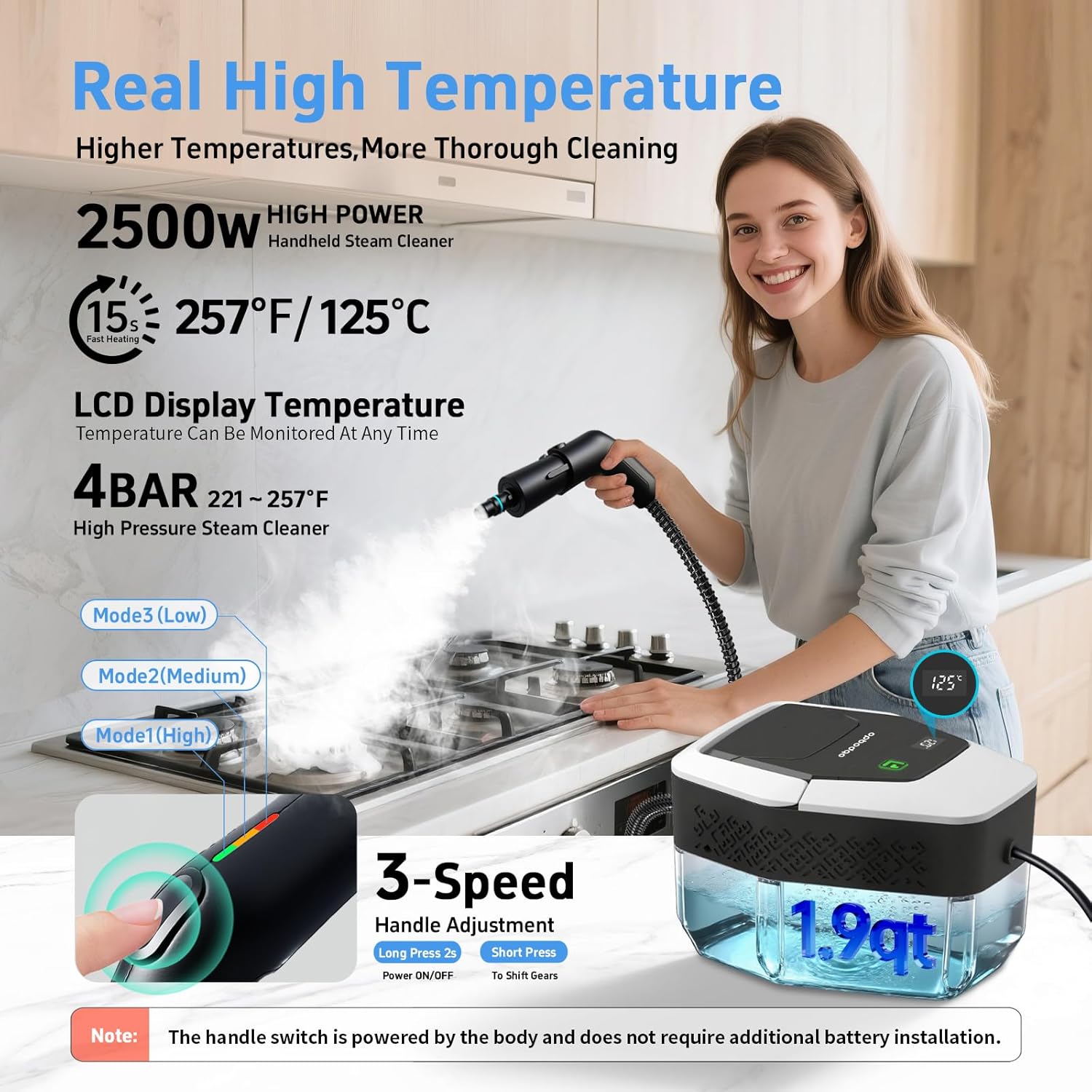 Skiennix Steam Cleaner - High-Temperature 257℉ Handheld Steamer with 3 Adjustable Levels | 1.9 Quart Capacity for Home & Car Cleaning