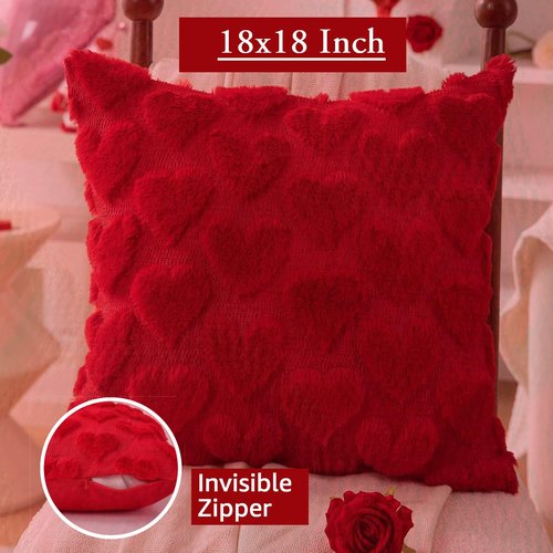Valentines Day Pillow Covers 18x18 Inch, Red Heart Love Pillows Cover Valentine Decorations for the Home, Faux Fur Plush Throw Pillows Cover for Couch, Gift for Girlfriend Lover Mother, Set of 2