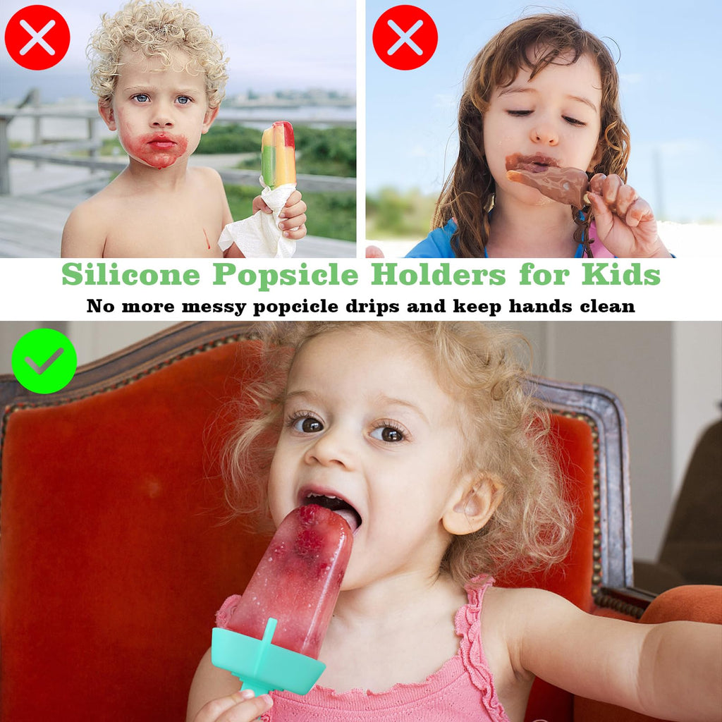 WMKGG Silicone Popsicle Holders for Kids, 4 Pack Reusable Drip-Free Ice Pop Stick Holder with Straw Brush, Fit Standard and Wide Sized Sticks Drip Free Popsicle