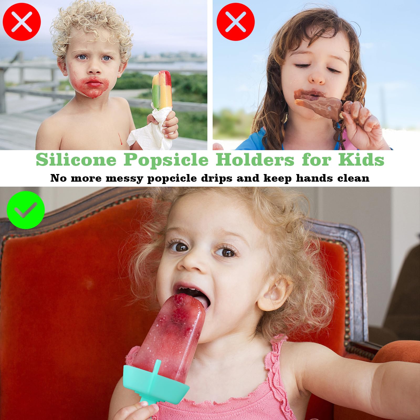 WMKGG Silicone Popsicle Holders for Kids, 4 Pack Reusable Drip-Free Ice Pop Stick Holder with Straw Brush, Fit Standard and Wide Sized Sticks Drip Free Popsicle