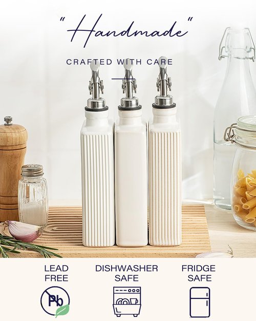 getstar Olive Oil Dispenser Bottle for Kitchen, Ceramic Decorative Oil Bottle with Automatic Stainless Steel Pourer (White)