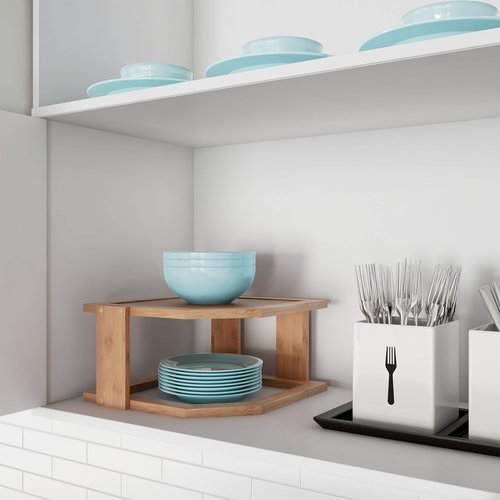 2-Tier Bamboo Corner Shelf for Kitchen or Bathroom Cabinet, Countertop, Cupboard Storage and Organizer, Natural Wood Space Saving Rack by Lavish Home